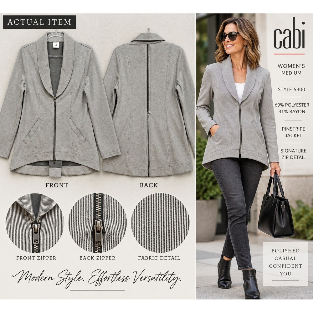 Cabi Pinstripe Jacket Womens 5300 Back Zip Grey M Excellent Modern Business